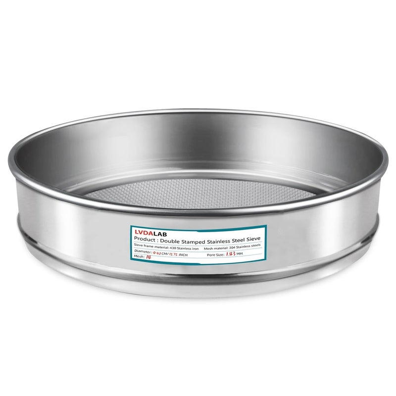 LVDALAB 304 Stainless Steel Lab Sieve Screen Mesh, 14 Mesh(1.43mm) Aperture Test Sieve, 15.75''(40cm) Diameter Economy Standard Analysis Sample Test Sieves for Industrial Laboratory Homes - Image 1